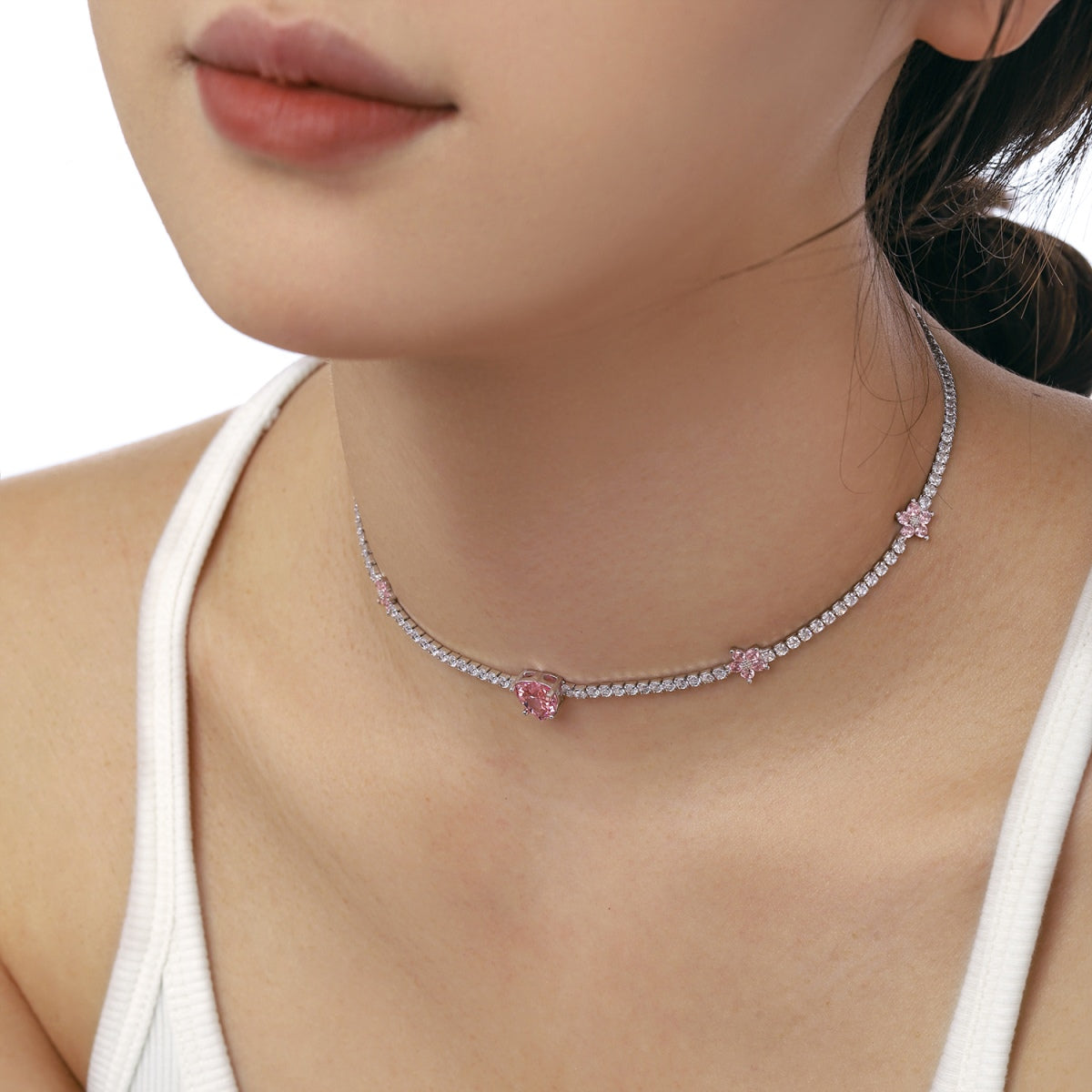 [Everoly JW]Dazzling Pink Heart Flower Necklace