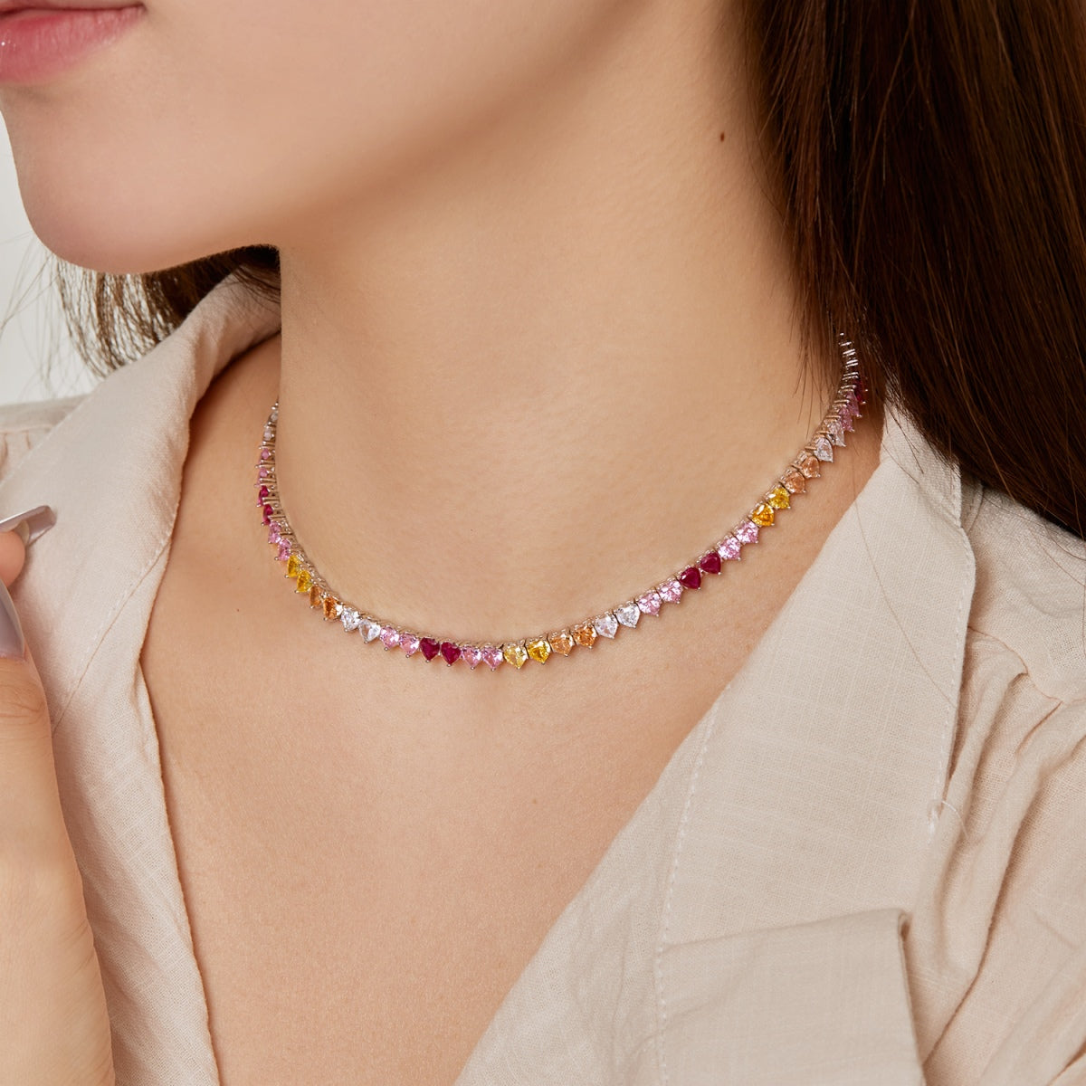[Everoly JW]Sparkling Colorful Full Heart Tennis Necklace