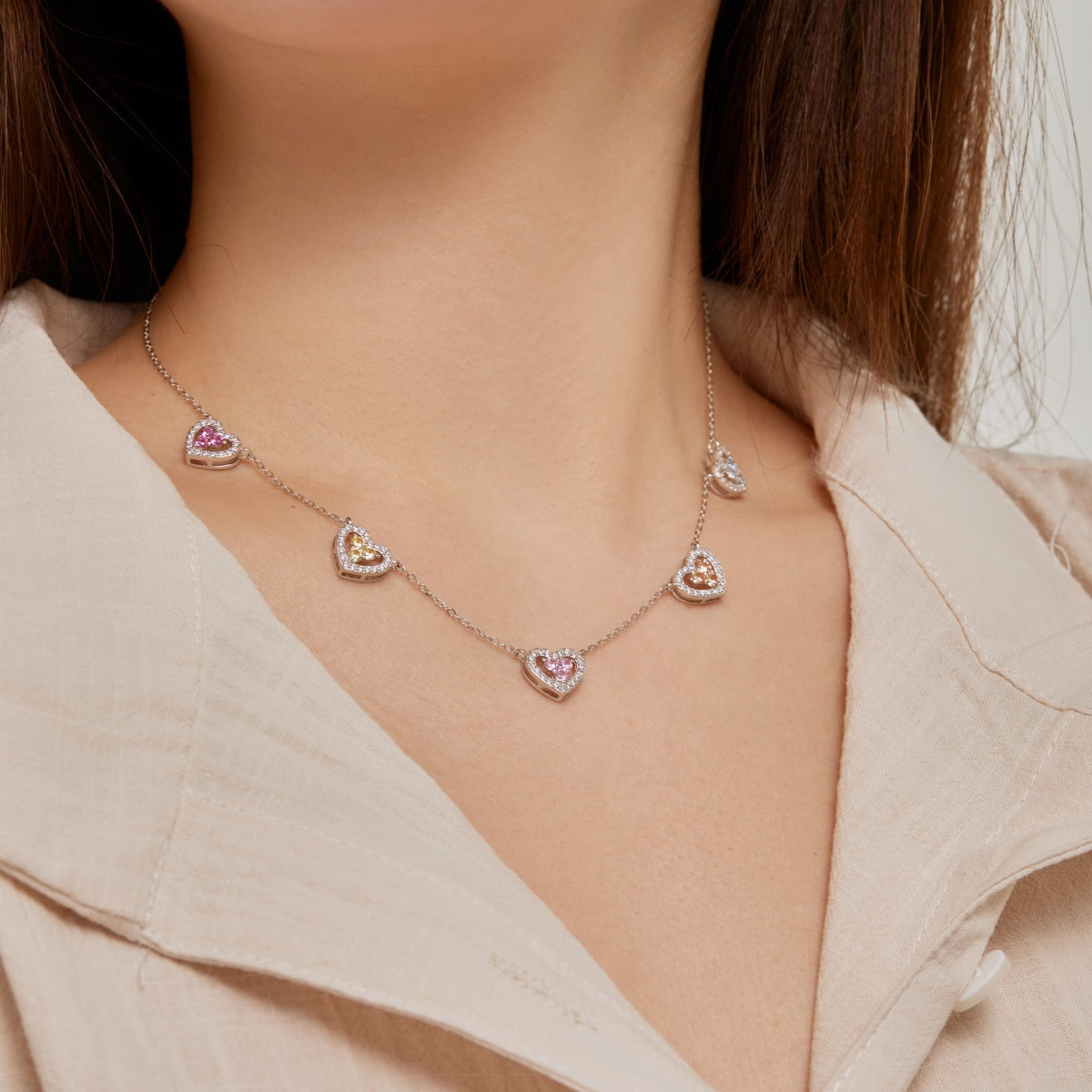[Everoly JW]Sparkling Five Heart Necklace