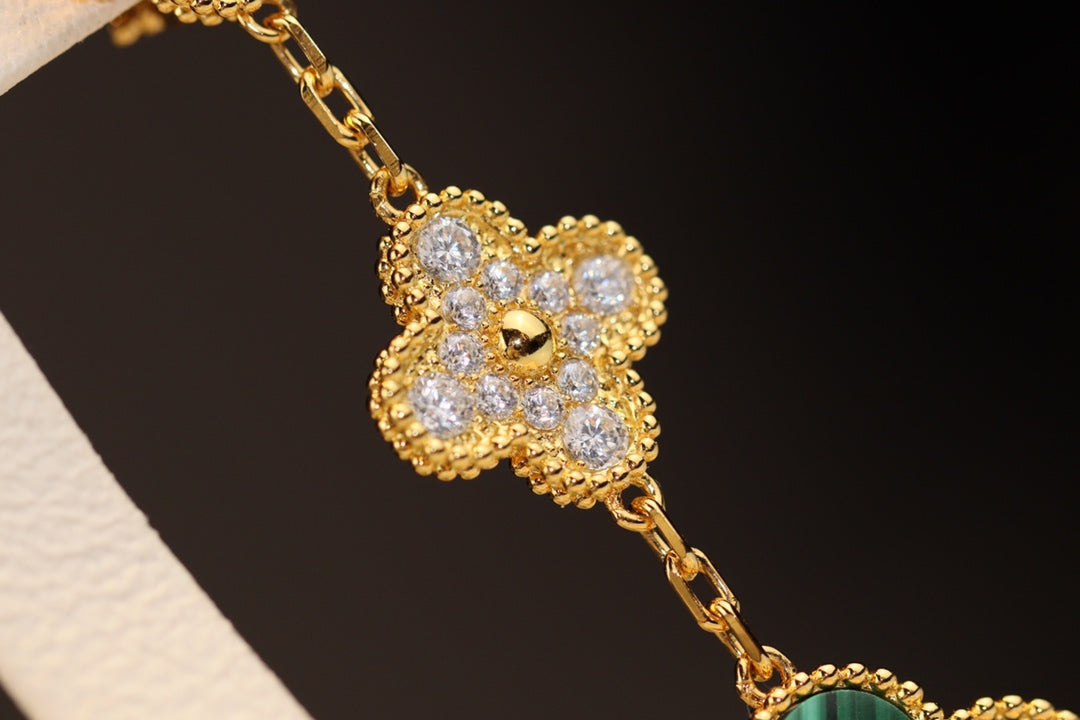 [Everoly JW]CLOVER OHRRINGE GOLD MALACHIT DIAMANT 3 MOTIV