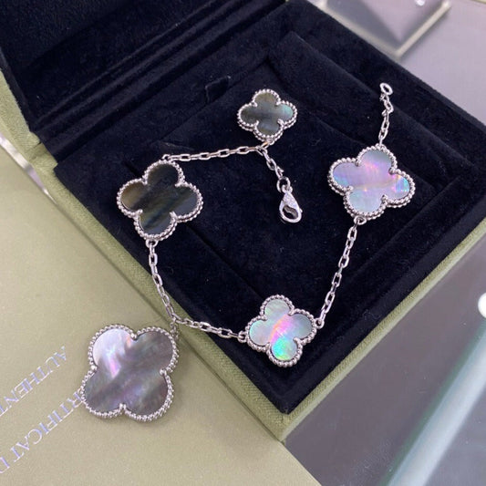 [Everoly JW]CLOVER 5 MOTIFS SIVLER DARK MOP BRACELET