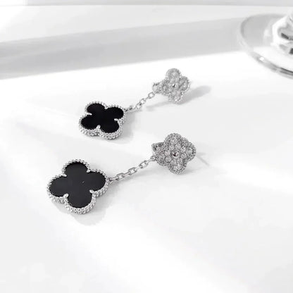 [Everoly JW]CLOVER 2 MOTIVE DIAMANT ONYX OHRRINGE SILBER