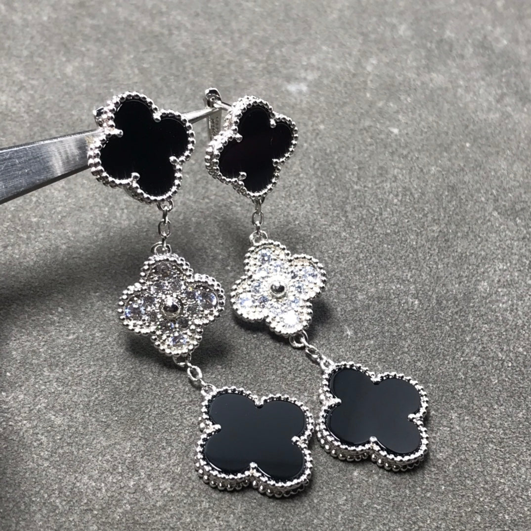 [Everoly JW]CLOVER 3 MOTIV DIAMANT ONYX SILBER OHRRINGE