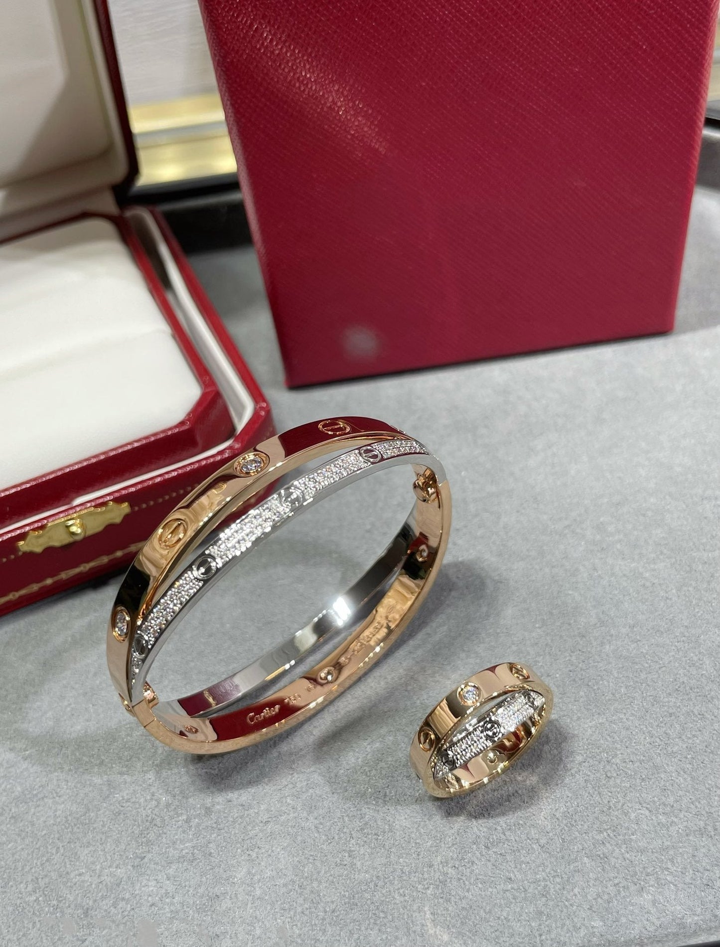 [Everoly JW]LOVE PINK GOLD SILVER DIAMOND DOUBLE RING