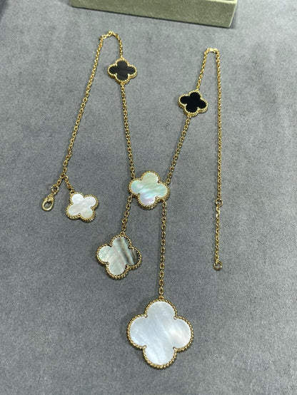 [Everoly JW]CLOVER 6 MOTIF MOP ONYX GOLD NECKLACE