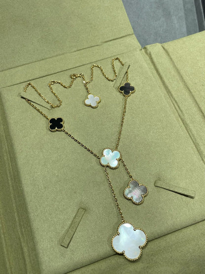 [Everoly JW]CLOVER 6 MOTIF MOP ONYX GOLD NECKLACE