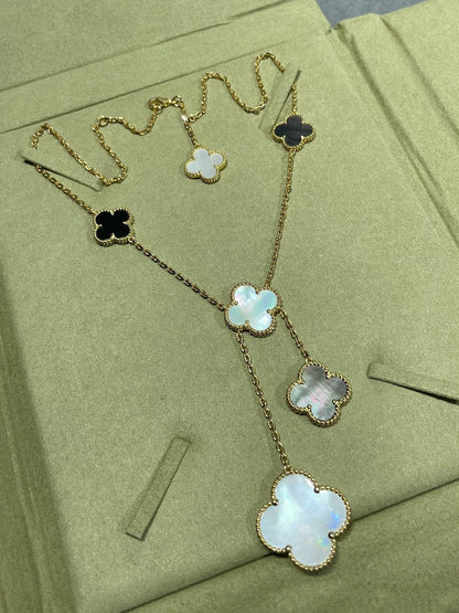 [Everoly JW]CLOVER 6 MOTIF MOP ONYX GOLD NECKLACE