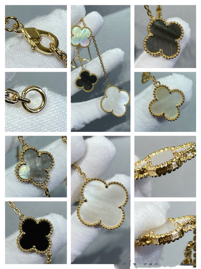 [Everoly JW]CLOVER 6 MOTIF MOP ONYX GOLD NECKLACE