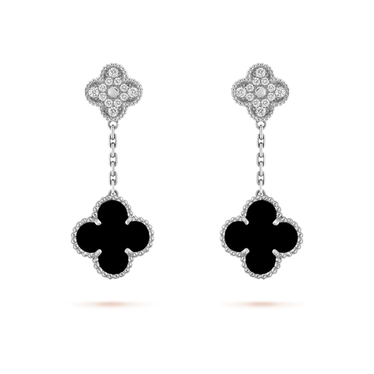 [Everoly JW]CLOVER 2 MOTIFS  DIAMOND ONYX EARRINGS SILVER