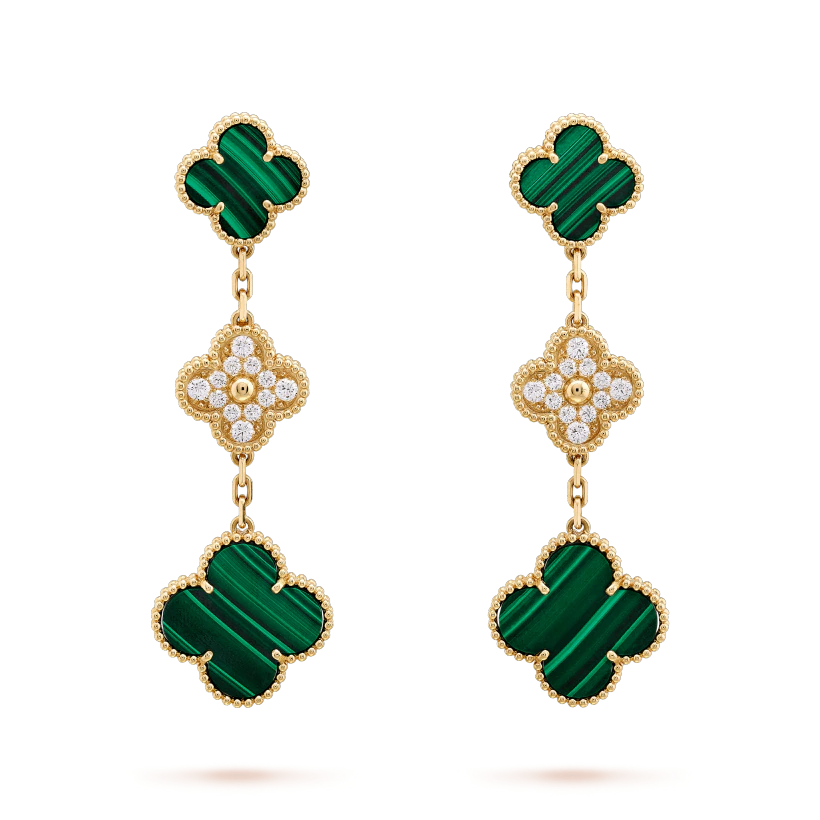 [Everoly JW]CLOVER OHRRINGE GOLD MALACHIT DIAMANT 3 MOTIV